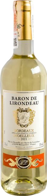 Вино Baron de Lirondeau Bordeaux белое полусладкое 0.75 л 11%