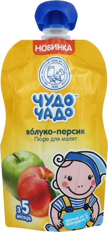 Пюре Чудо-Чадо Яблоко-персик с сахаром для детей от 5-ти месяцев 90г