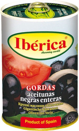 Маслини Iberica чорні з кісточкою 420г з/б