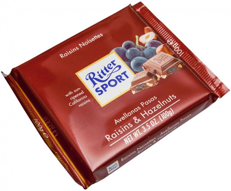 Шоколад Ritter Sport з родзинками та лісовим горіхом 100г