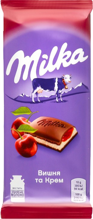 Шоколад молочний Milka Вишня та Крем 90г