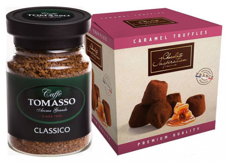 Подарочный набор Кофе Tomasso Classico растворимый 100г + Трюфеля Chocolate Inspiration  с подсоленными карамельными хлопьями 200 г