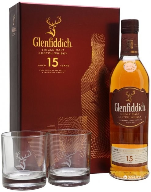 Виски  Glenfiddich 15 y.o. 0,7л 40% + 2 стакана